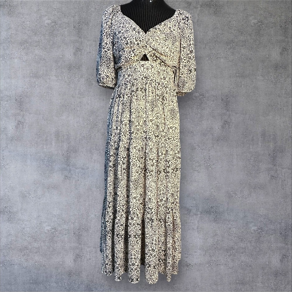 Versona Womens Smocked Maxi Dress Size M Black White Floral Puff Sleeve Boho